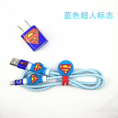 Superman 23 стиля USB зарядное устройство кабель протектор Diy набор с намоткой кабеля зарядные наклейки спиральный usb-шнур с зарядным устройством для iphone 5 6 6s 7 8 - Цвет: Superman