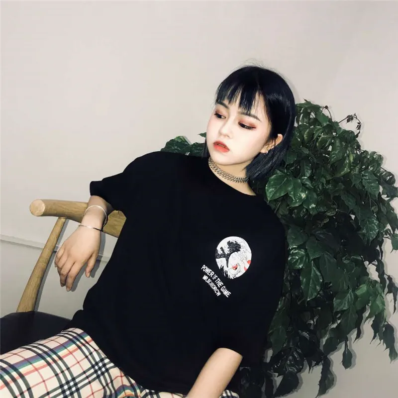 Коробов с мультяшным принтом Harajuku женские футболки Новое поступление летний Uzzlang с О-образным вырезом футболки короткий рукав черный Корен футболка 77321