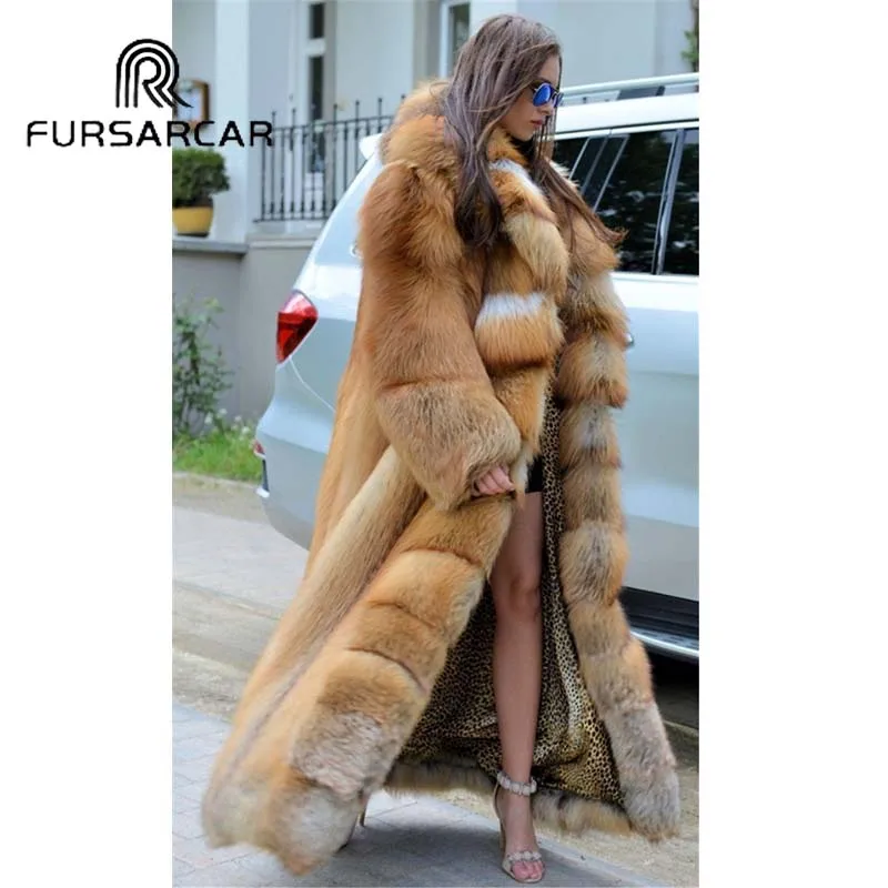 FURSARCAR Natural Real Gold Fox Fur Coat For Women 120 CM Long Female Jacket Fox Fur Coat Thick Warm Genuine Fur Jacket