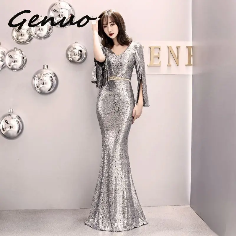 Genuo Elegant Party Dress Women Gold Silver Sequin Evening Party Gown Cloak Sleeves V Neck Belt Sexy Wedding Vestido de fiesta