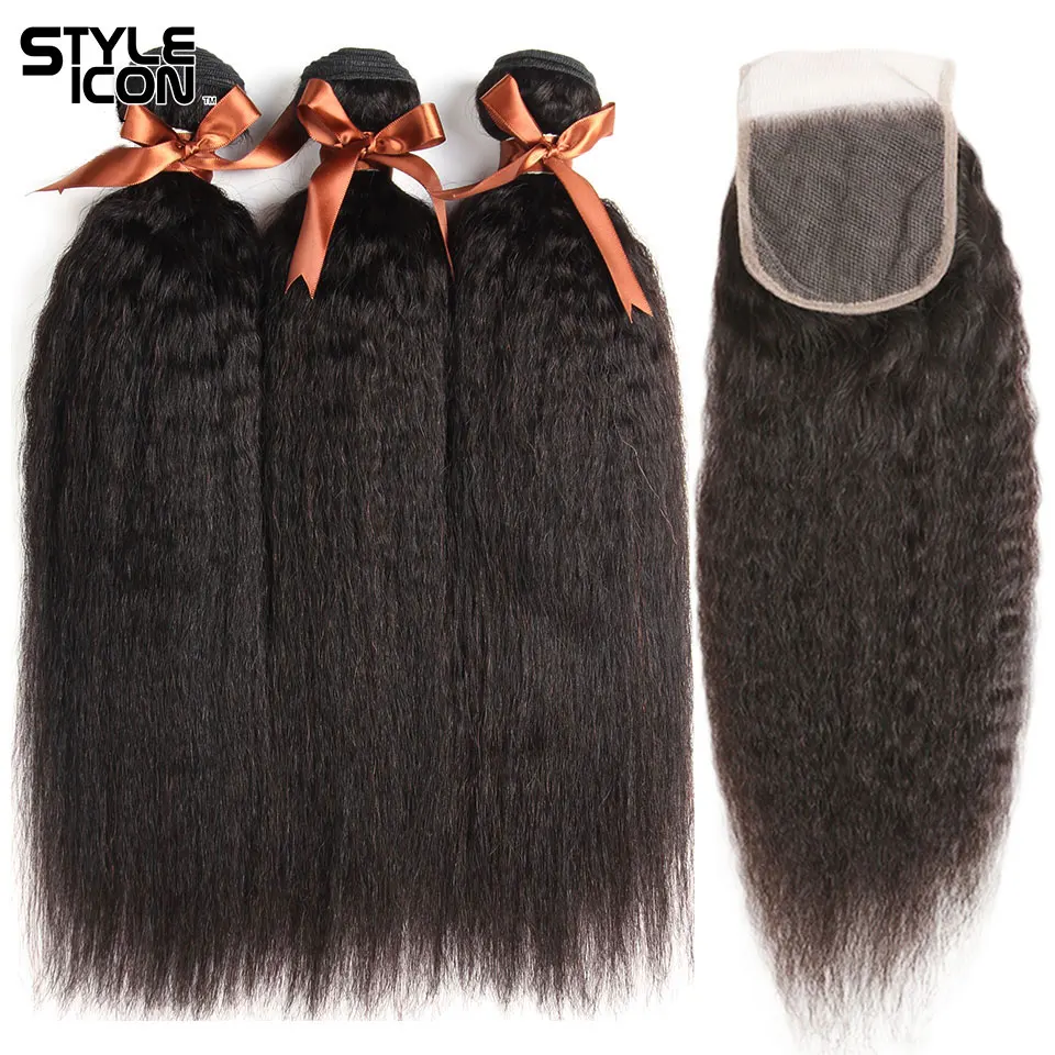 Styleicon 3 Bundles Kinky Straight Hair with Closure 100% Peruvian Human Hair Weave with Lace Closure Non-Remy Hair Weaving