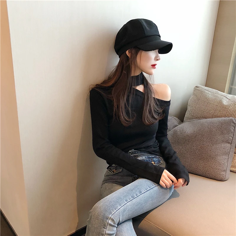Little Sexy Off One Shoulder Tight Knit Women Slim Versatile Bare Bottom Sweater Женская одежда