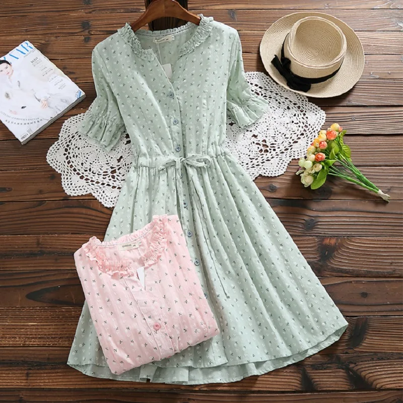 

Mori Girl Sweet Summer Women Floral Dress Ruffled Collar Print String Female Vestidos Jacquard Cotton Pink Green Cute Dress