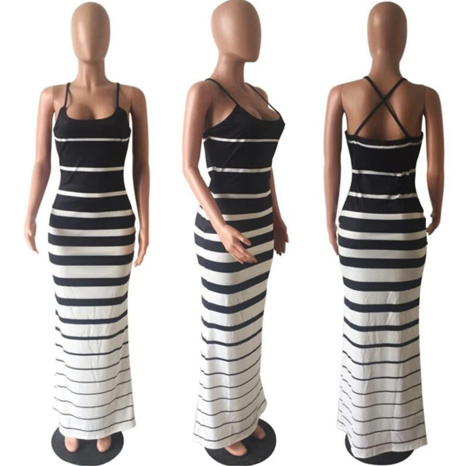 

Elegant Sleeveless Evening Women Dress Striped Maxi Dress Sukienka Tight Long Stretch Dresses Robe Femme Ete 2021 Chic Kleider