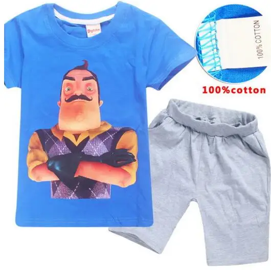 Новинка летняя детская одежда hello neighbor для мальчиков 100% хлопок футболка + штаны