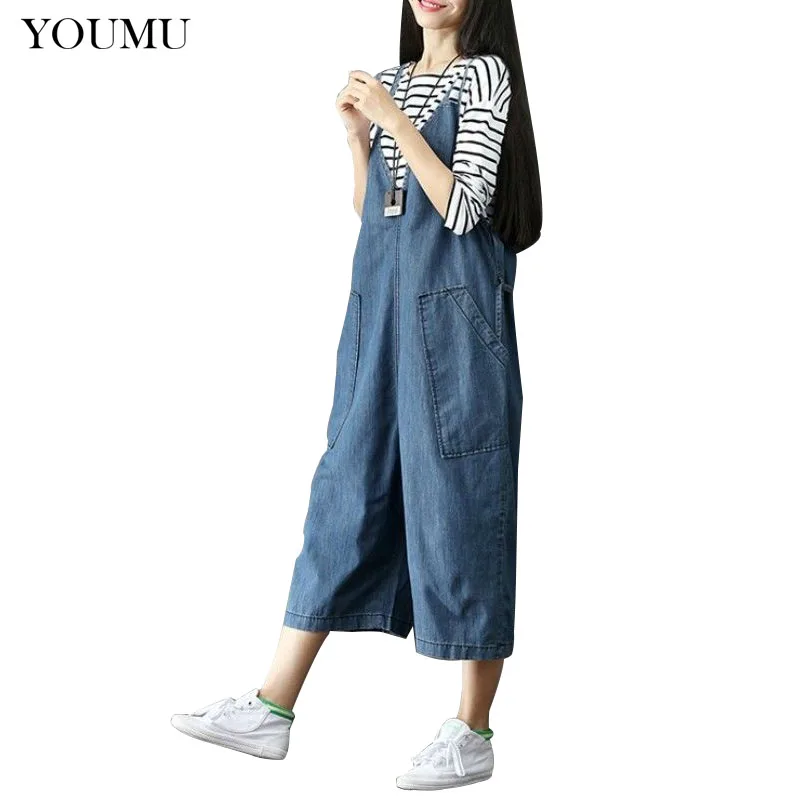 

Women's Cotton Jeans Suspender Trousers Loose Loose Tie Harem Pants Solid Color Pocket Casual Overall Jeans Jumpsuit 223-388