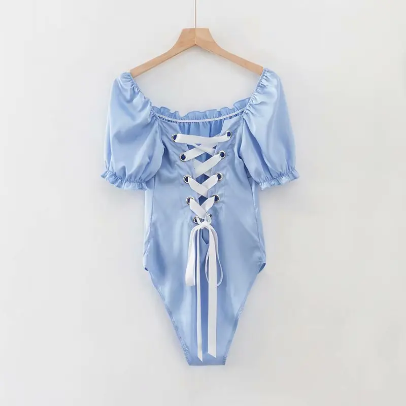 

women vintage satin bodysuit sexy back lace up body