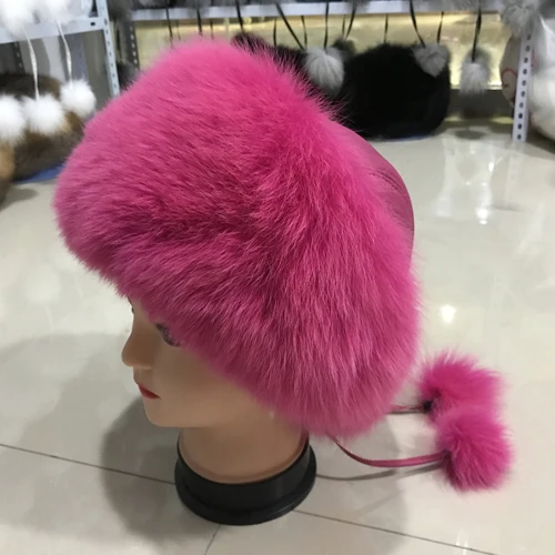 pink Модная новая стильная Роскошная зимняя Русская Шапка из натурального Лисьего меха, Женская Теплая Шапка хорошего качества из натурального Лисьего меха - Цвет: pink