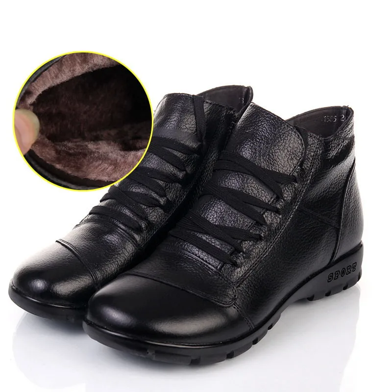 Женские зимние ботинки из натуральной кожи на плоской подошве | Обувь