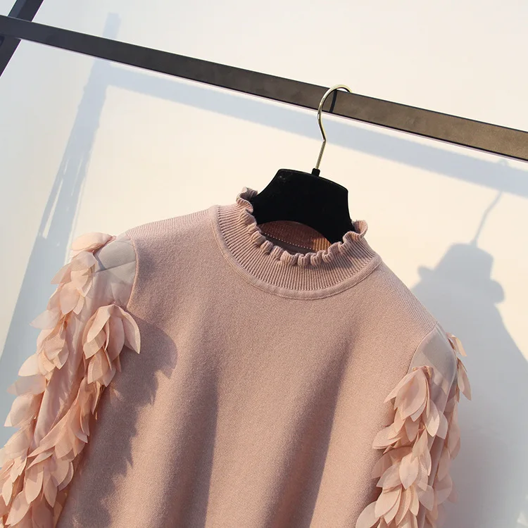 Korean Ruffled Collar Knitted Women Sweater Spring Autumn Loose Jumper Fashion Flowers Sleeve Sweater and Pullover Femme Pull
