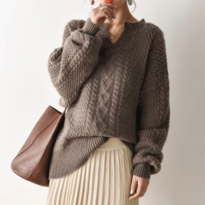 Fashion Womens Sweater Autumn Winter Cashmere Sweater Woman Loose V-Neck Sweaters And Pullovers Bottoming Shirt Plus Size - Цвет: Коричневый