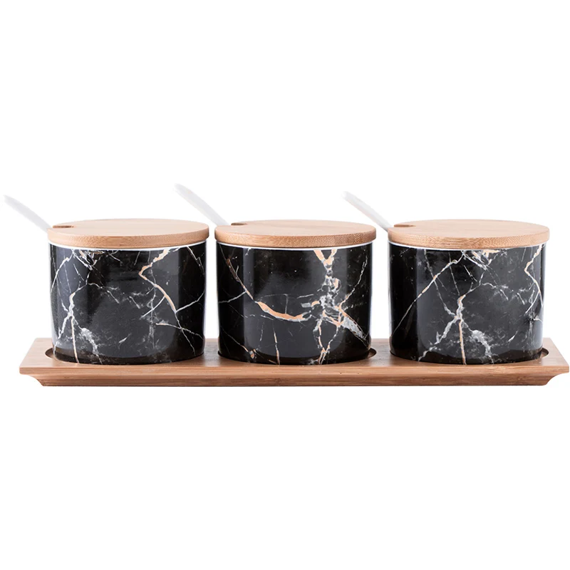 

marble Golden grain road ceramics Spice jar 3pcs suit kitchen Creative Bamboo wood cover with tray storage Seasoning salt shaker