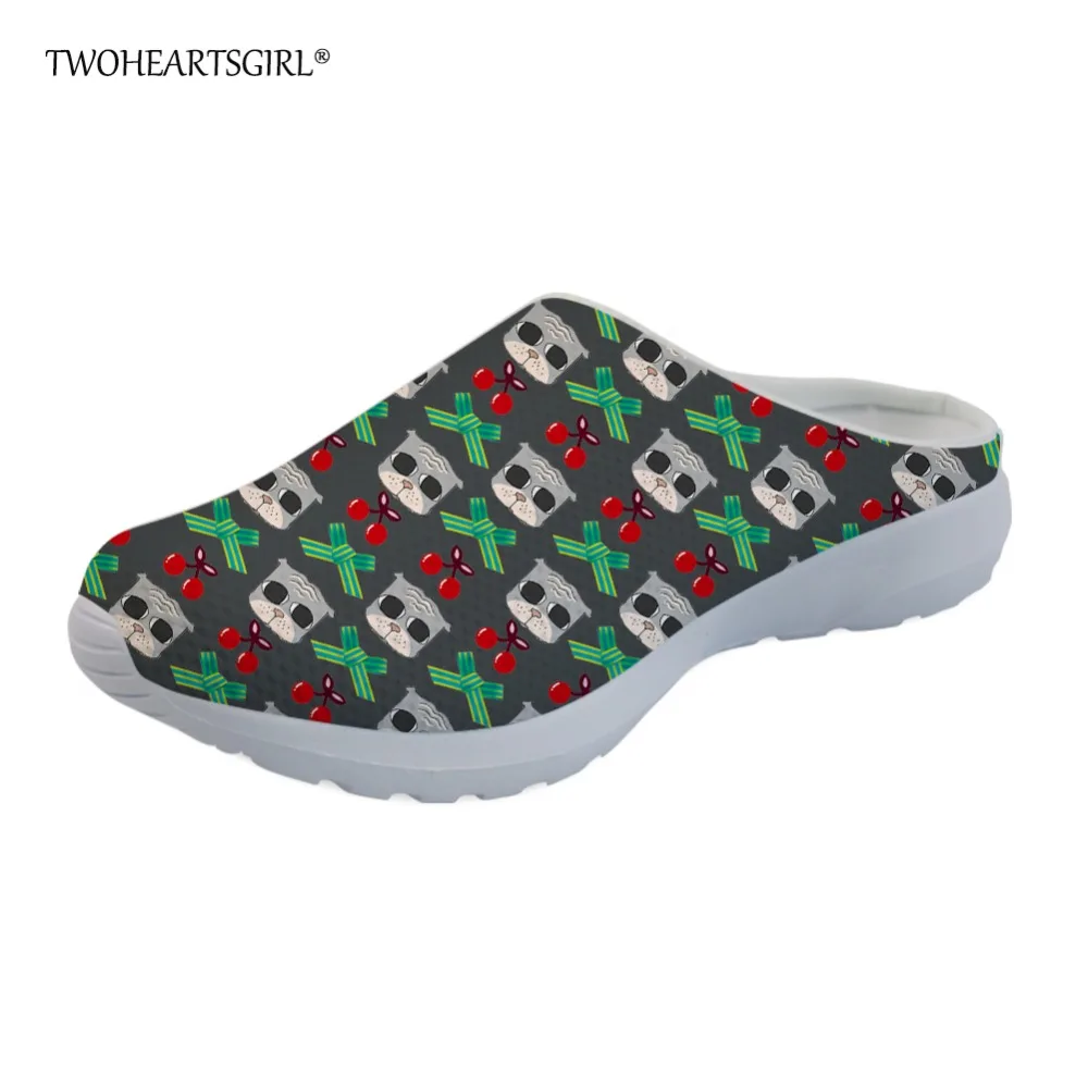 

Twoheartsgirl Breathable Cherry Cat Print Home Slippers Slip-on Female Ladies Mesh Shoes Comfortable Flat Summer Sandals