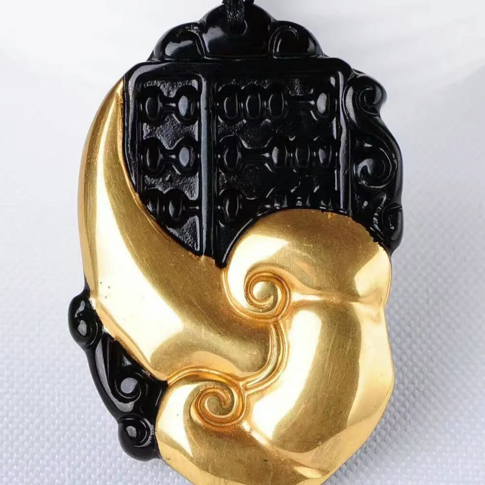Оптовая продажа Золотой + натуральный черный обсидиан резной амулет Руи