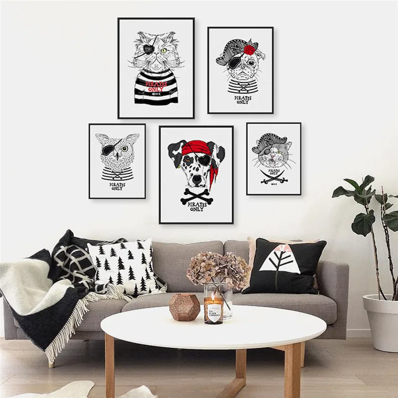 Animal Home Decor Nordic Painting Wall Art DIY Pirate Black White Dog Cat Print Office Bedroom Hotel Backdrop Personalize Supply | Дом и сад
