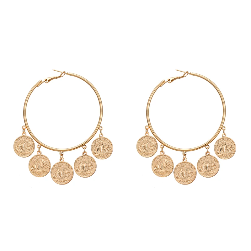 YMYW трендовые Hyperbole большие круглые монеты витые болтающиеся серьги оверсайз