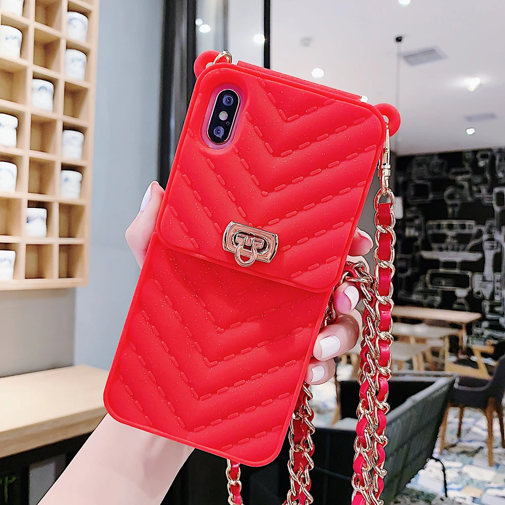 Чехол для iPhone X XR XS Max, кошелек для кредитных карт, чехол для телефона, мягкий силиконовый ремешок через плечо, чехол с длинной цепочкой для iPhone 6S 6 8 7 Plus - Цвет: Красный