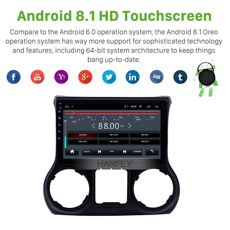Harfey 2Din Android 8 1 10 дюймов автомобильное радио стерео для JEEP Wrangler 2011 2012-2017