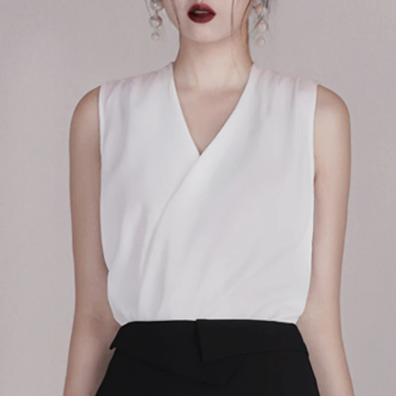 INDRESSME 2019 New Women Two Piece Sets Fashion V Neck Sleeveless White Top Sexy Office With Midi Black Skirt Casual |