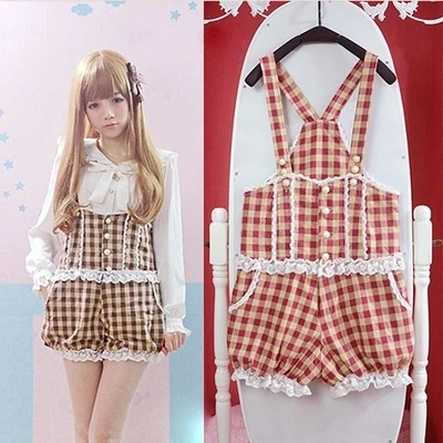 Женский клетчатый комбинезон Красный Винтажный кружевной принцессы Лолиты