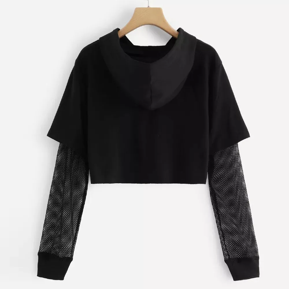 

Womens Letters Mesh Long Sleeve Hoodie Sweatshirt Pullover Tops Blouse