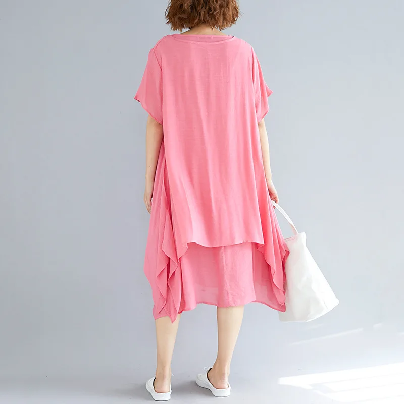 Johnature Solid Color Casual Loose Cotton Linen Dresses New 2019 Summer O-Neck Short Sleeve Irregular Ruffles Women | Женская одежда