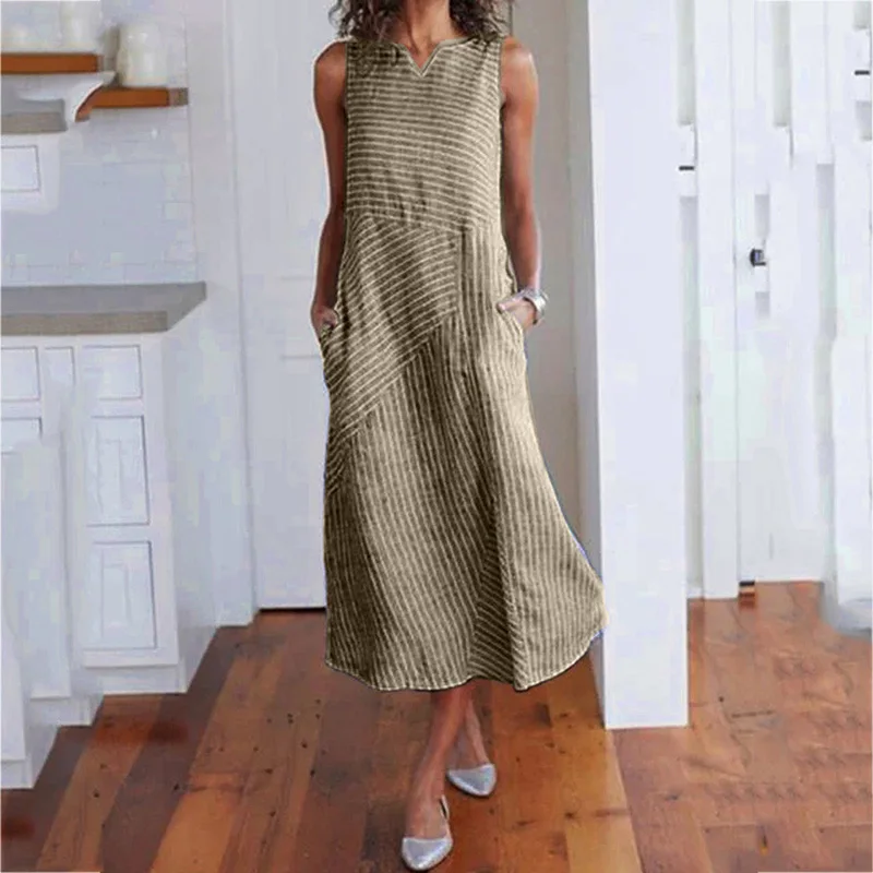 Женское цельное платье с v-образным вырезом асимметричное Полосатое без рукавов