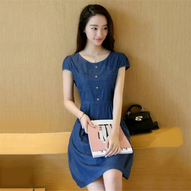 Летние женские джинсовые платья новинка 2018 облегающие тонкие с коротким рукавом