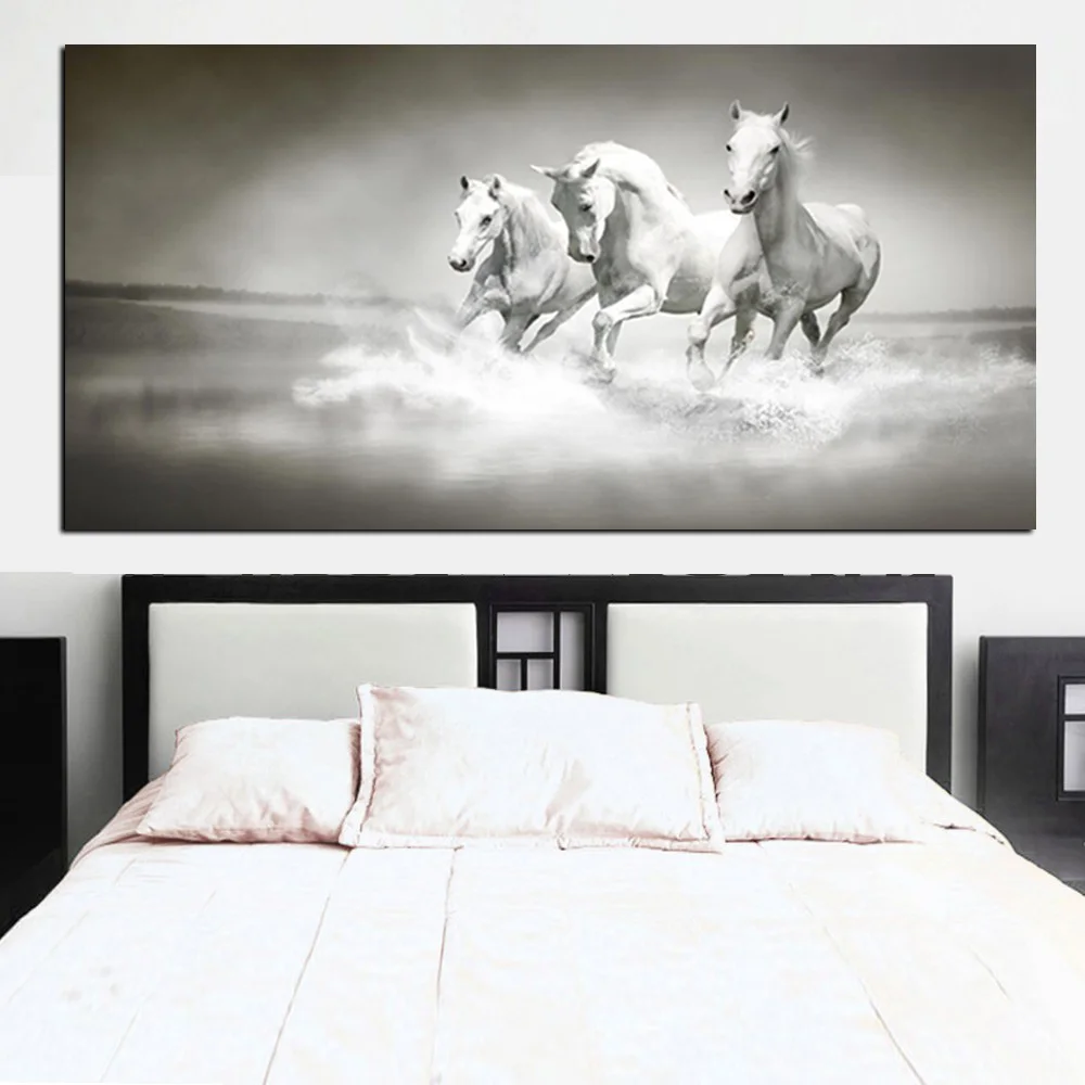Modern White Horses Running in River Oil Painting HD Print on Canvas Poster Wall Pop Art Picture for Living Room Sofa Cuadros | Дом и сад