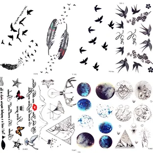 Маленькие черные перья, птицы, ласточка, временная татуировка для женщин, боди-арт, живопись, татуировка, наклейка для мужчин, макияж, водостойкая тату-паста