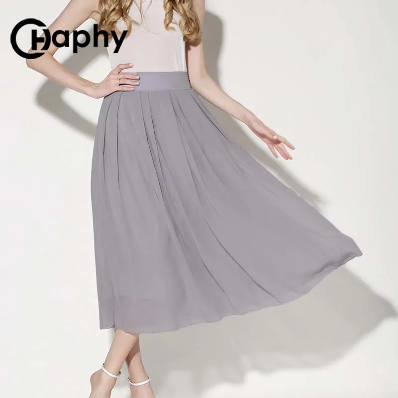 Винтаж Твердый Шифон юбки 2017 юбка лето шифон макси плиссе Мода Серый женская Юбка