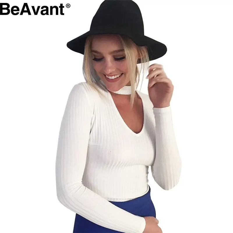 BeAvant Autumn black halter knitted sweater Winter sexy white pullover women tops Slim v neck long sleeve jumper pull femme | Женская