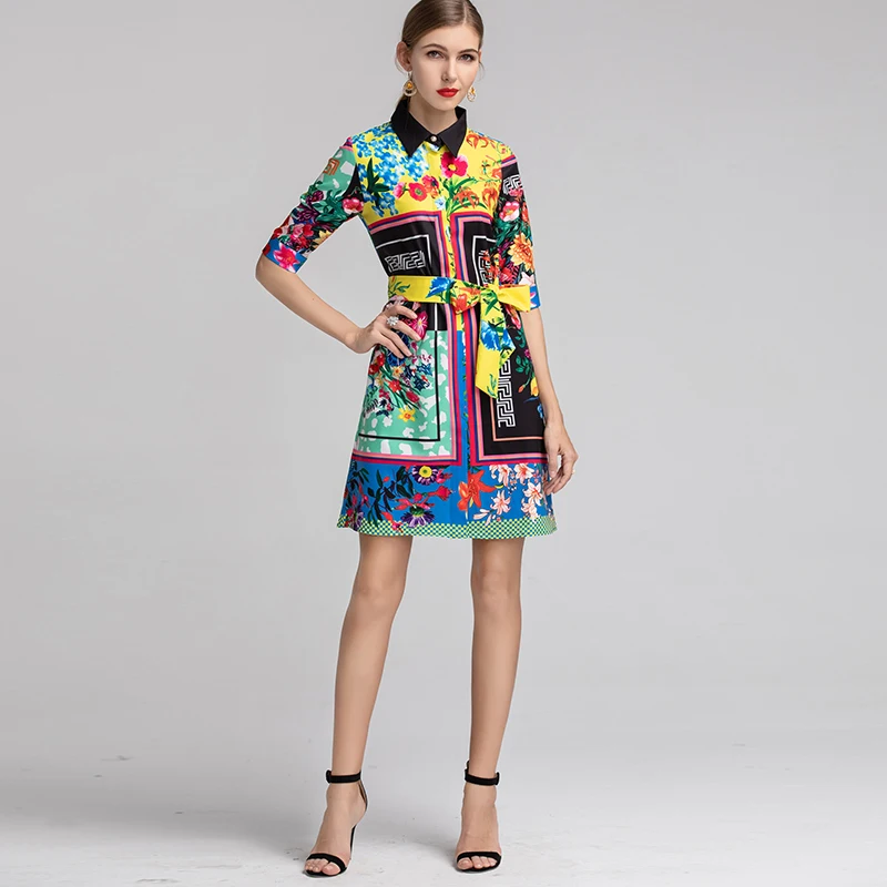 XF Bohemian 2019 модные дизайнерские с отворотом рукавом 1/2 цветочный принт + пояс летние