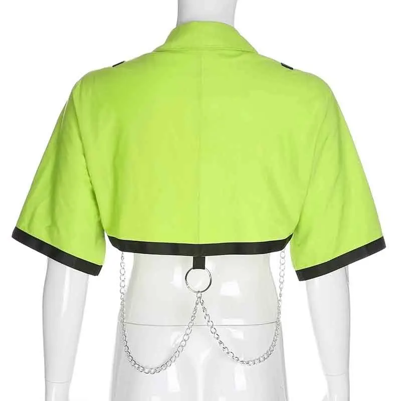 Панк уличная неоновая зеленая куртка с коротким рукавом женская Повседневная