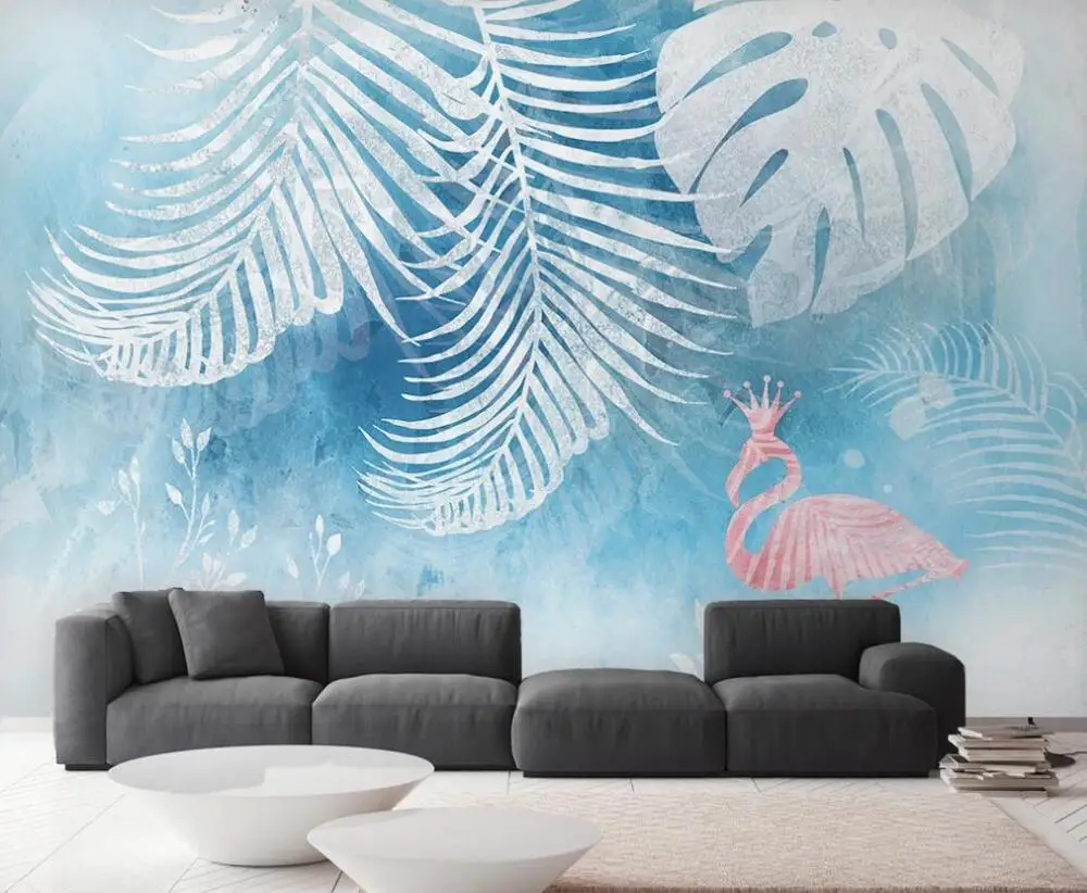 Nordic modern minimalist fantasy hand-painted tropical plant leaves flamingo background wall 3D mural wallpaper | Обустройство дома