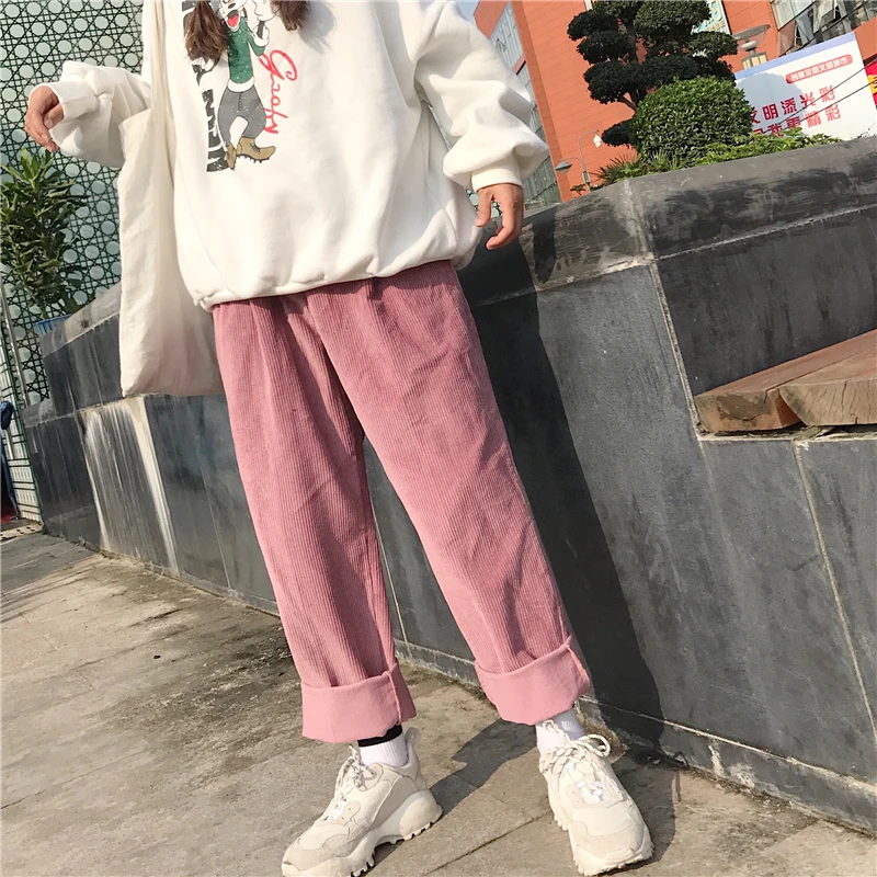 

sweet casual style korean fashion 2021 Women's clothing harajuku ulzzang loose high waist solid pink corduroy straight pants