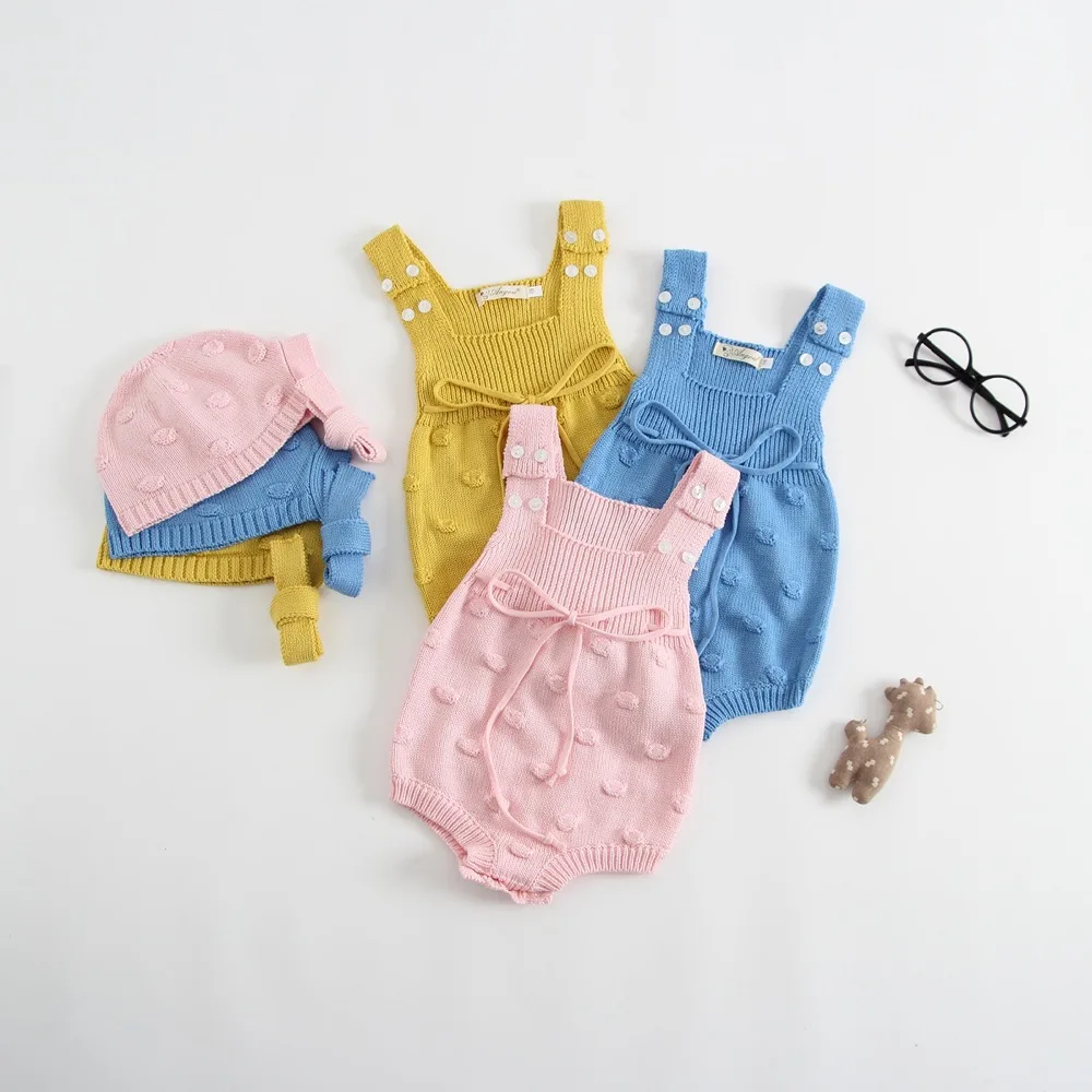 

Ins Sweet Toddler Baby Girls Candy Knitted Sweater Rompers with Hats Pink Blue Yellow Color Cute Children Clothes