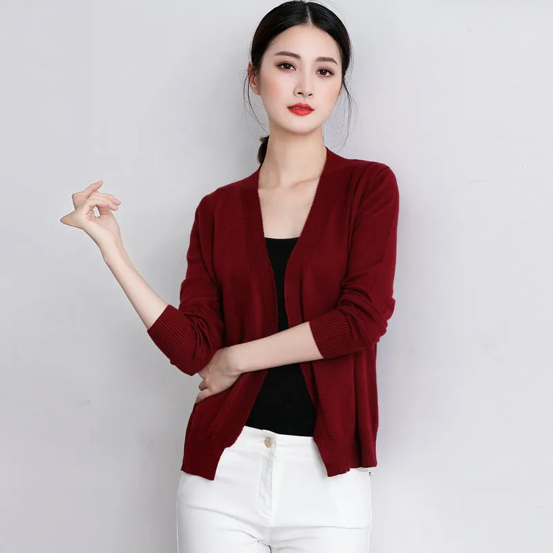 Женский кашемировый кардиган без пряжки Свободный с длинным рукавом короткий