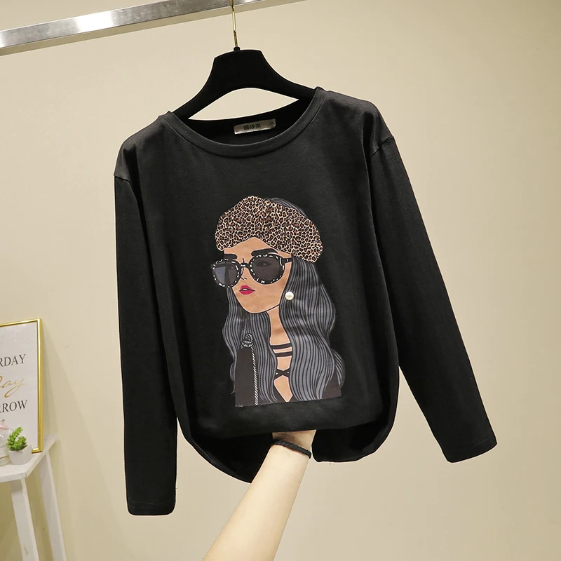 Женская хлопковая футболка с длинным рукавом S ~ 2XL свободный хлопковый топ