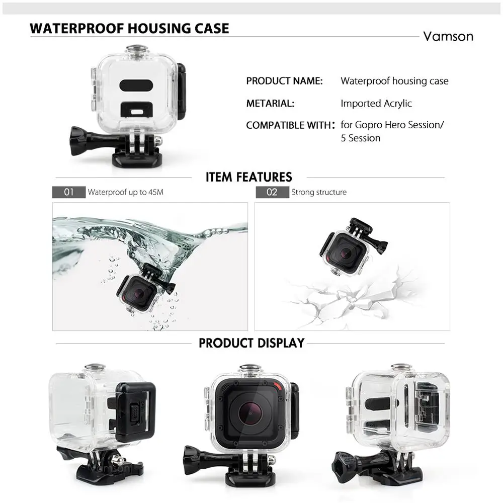 Vamson для Gopro 5 Session 4 аксессуары Супер комплект водонепроницаемый корпус чехол Go pro