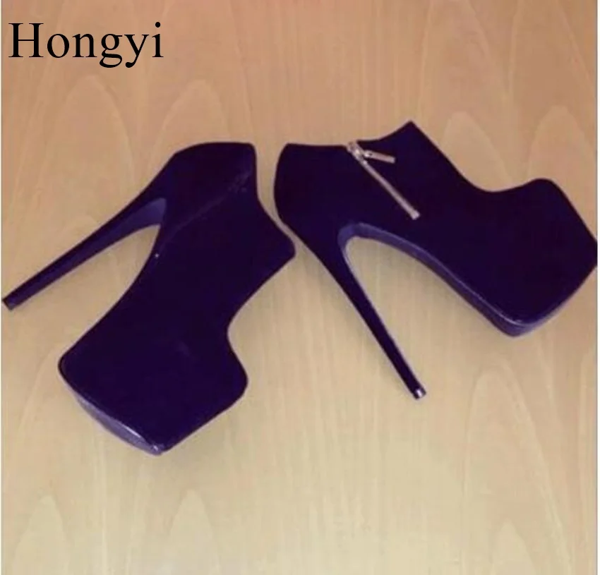 Hongyi/брендовые полусапожки из черной замши на очень высоком каблуке 16 см и