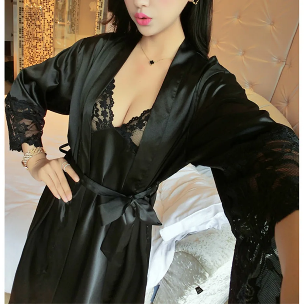 Сексуальная Женская кружевная шелковая атласная ночная рубашка в комплекте с