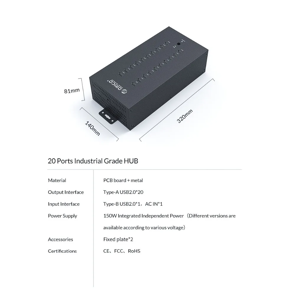 ORICO 20 портов промышленный концентратор USB2.0 с режимом зарядки и режимом даты-черный(IH20P