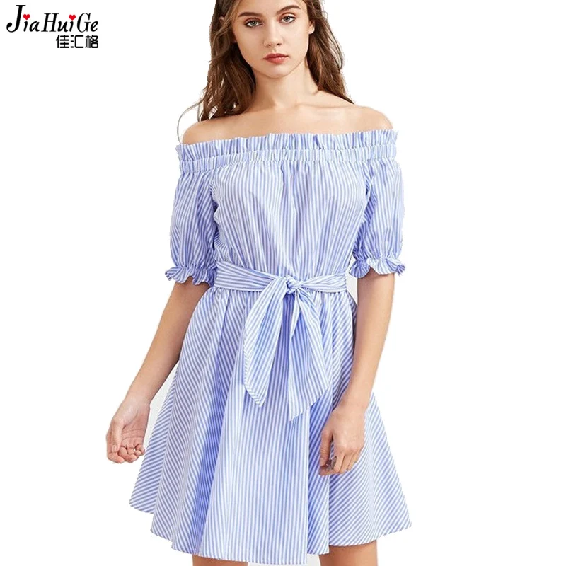 Jiahuige2017 летние синие полосы платья женщин вскользь слово воротник dress пляжная