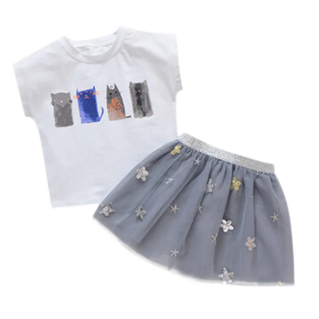 Toddler Baby Girls Cat Print T-Shirt Tops+Floral Star TuTu Tulle Skirts Outfits | Детская одежда и обувь