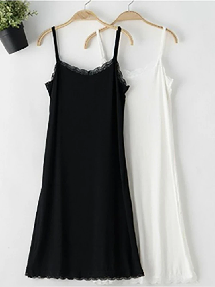 

Spring Summer Female Spaghetti Strap Dress Modal Cotton Cute Lace Hollow Out v-Neck Casual Thin Bottoming Dress G597