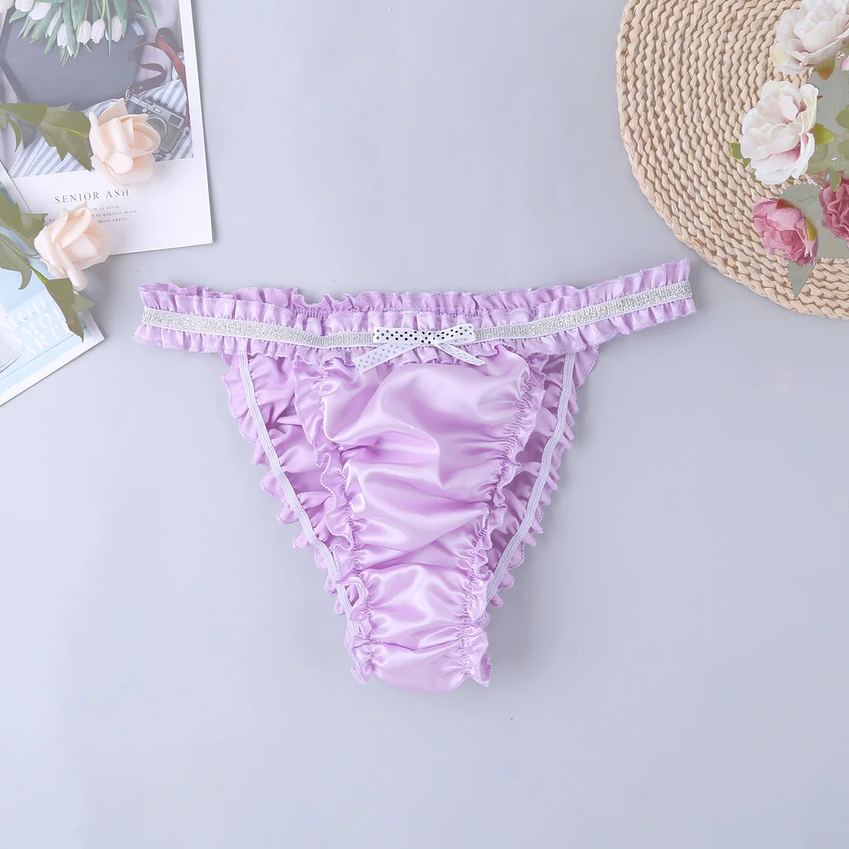 Мужское нижнее белье Sissy, мягкие блестящие атласные трусики с подвязками, рюшами, оборками, низкой посадкой, тянущиеся бикини, трусы, нижнее белье, трусики