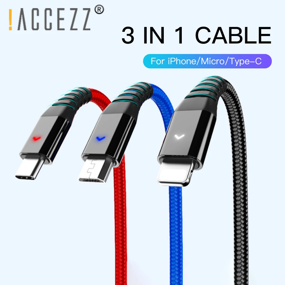 ! Зарядный кабель ACCEZZ 3 в 1 Micro USB Type-C для iPhone 7 8 Plus X XS XR Android Samsung S8 передачи данных |