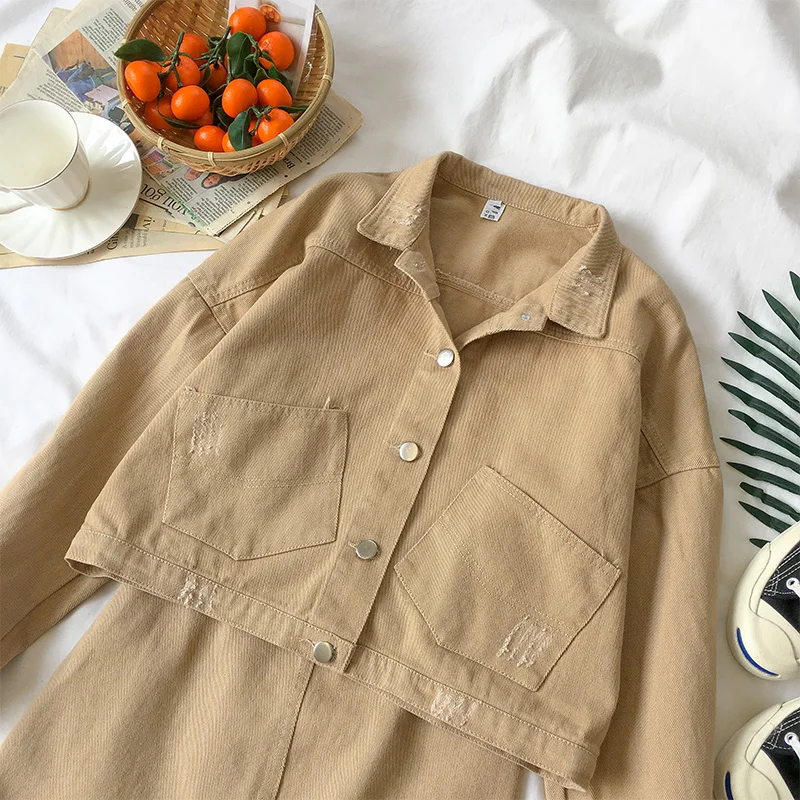 Ins Harajuku/Модная Осенняя Новинка 2019 года джинсовая куртка в Корейском стиле из двух