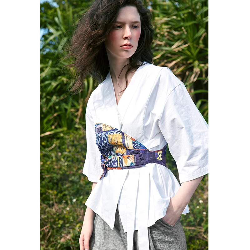 С поясом! Двойка блузка с v-образным вырезом стильно и Винтаж Платья цветочным